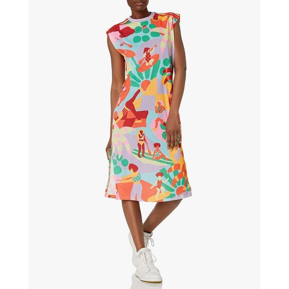 Adidas x Farm Rio Dress Training Midi Dress Gold/ Semi Solar red Love Island - Picture 1 of 14